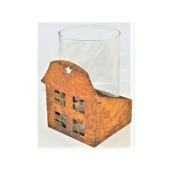 Edelrost Windlicht Haus mit Glas, Höhe 12 cm, Breite 9 cm, Tiefe 15 cm