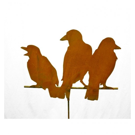 Edelrost-Raben 3er Gruppe Variante 4, Höhe 37 cm, Breite 46 cm, auf Stange 50 cm lang