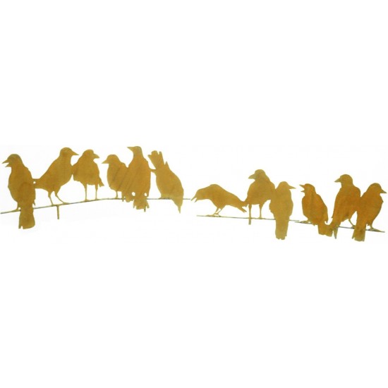 Edelrost-Gartendeko Raben 3er Gruppe auf Stange. Gesamtbild aller Varianten. Gartenstecker zum Stellen oder Hängen