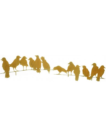 Edelrost-Gartendeko Raben 3er Gruppe auf Stange. Gesamtbild aller Varianten. Gartenstecker zum Stellen oder Hängen