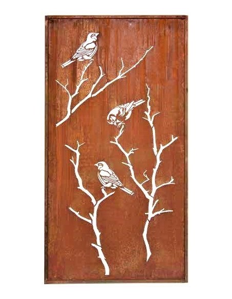 Edelrost Sichtschutzwand "Meisen auf Ast", Höhe 200 cm, Breite 100 cm