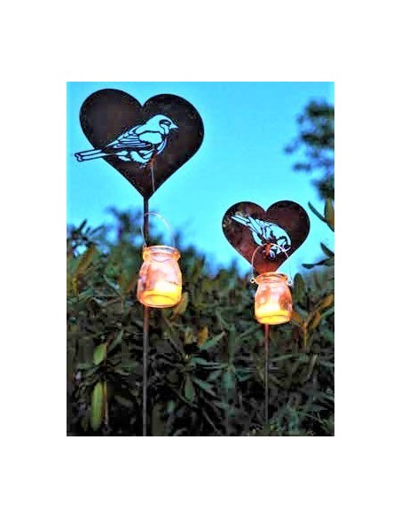 Stimmungsbild - Herz Gartenstecker "Meise pickend" aus Edelrost