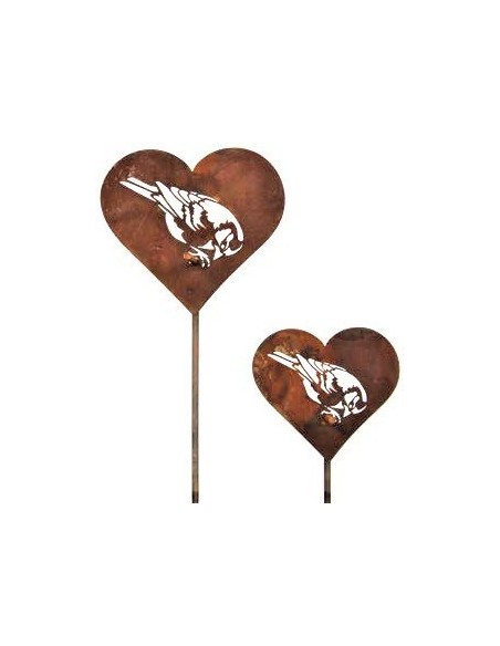 Herz Gartenstecker "Meise pickend" klein aus Edelrost 