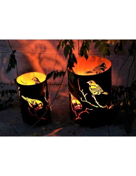 Windlichter "Meisen"  - Gartenlaternen und Leuchten aus Edelrost Stimmungsbild 