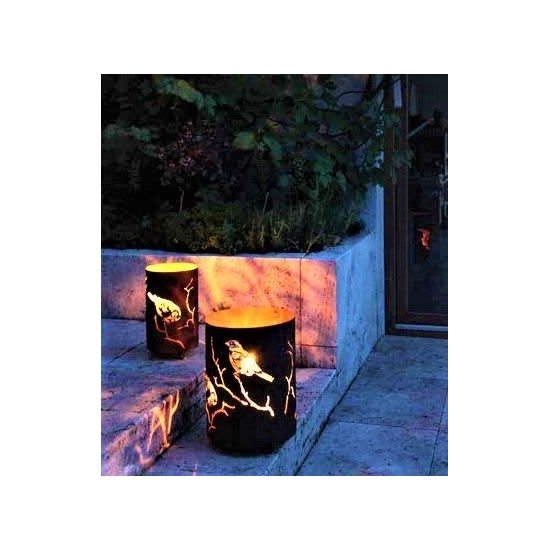 Edelrost Windlichter "Meisen"  - Gartenlaternen Stimmungsbild 