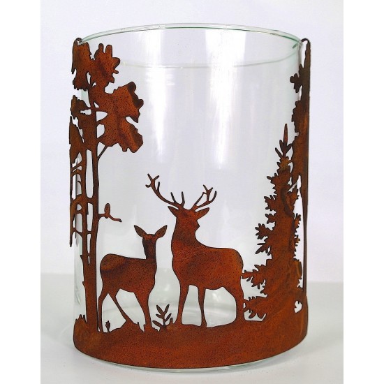 Windlicht Glas mit Rost-Einsatz  "Wald und Tiere" Landhauststil Windlicht mit Hirsch und Reh