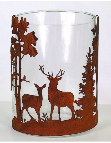 Windlicht Glas mit Rost-Einsatz  "Wald und Tiere" Landhauststil Windlicht mit Hirsch und Reh