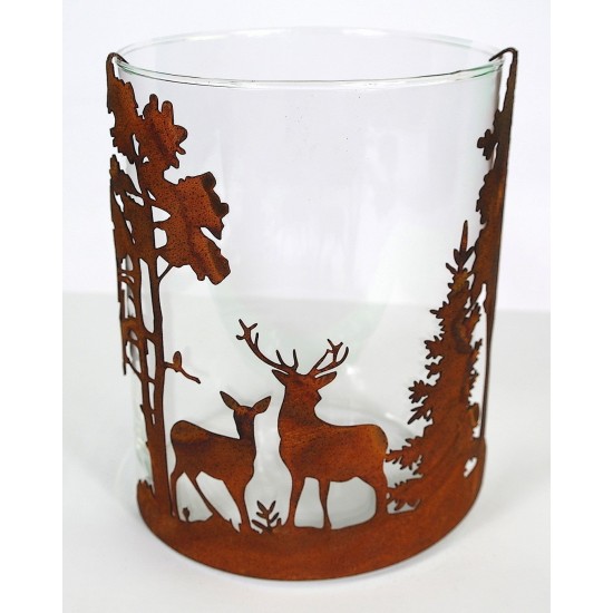 Windlicht Glas mit Rost-Einsatz  "Wald und Tiere" Landhauststil Windlicht mit Hirsch und Reh