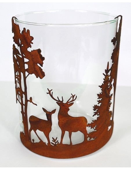 Windlicht Glas mit Rost-Einsatz  "Wald und Tiere" Landhauststil Windlicht mit Hirsch und Reh