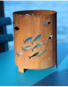 Edelrost Windlicht mit Fischschwarm, rund, mit Platte  Fisch Deko für Garten und Terrasse 2