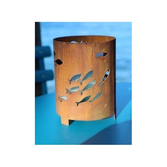 Edelrost Windlicht mit Fischschwarm, rund, mit Platte  Fisch Deko für Garten und Terrasse