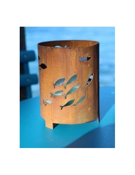 Edelrost Windlicht mit Fischschwarm, rund, mit Platte  Fisch Deko für Garten und Terrasse