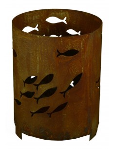 Edelrost Windlicht mit Fischschwarm, rund, mit Platte  Fisch Deko für Garten und Terrasse