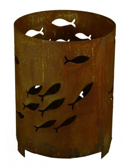 Edelrost Windlicht mit Fischschwarm, rund, mit Platte  Fisch Deko für Garten und Terrasse