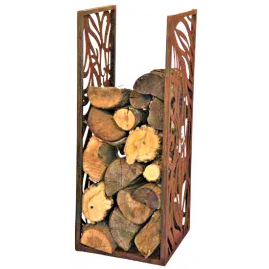 Edelrost Holzstapler/Tisch "fedrig" - Holzbeige aus Rost-Metall