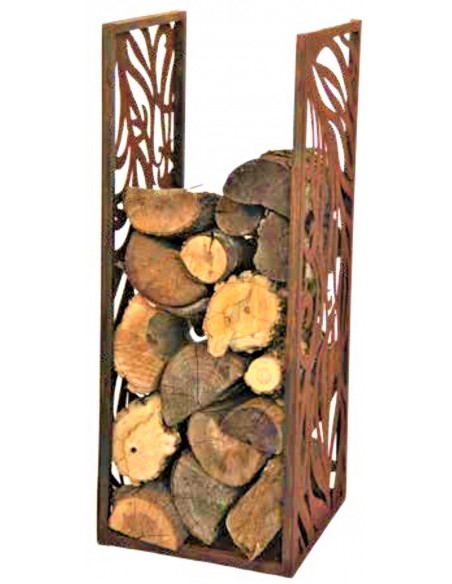 Edelrost Holzstapler/Tisch "fedrig" - Holzbeige aus Rost-Metall