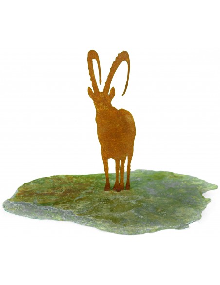 Alpensteinbock aus Metall - Steinbock-Figur zum Stecken aus Edelrost auf Stein, Steinwild, Wild-Deko
