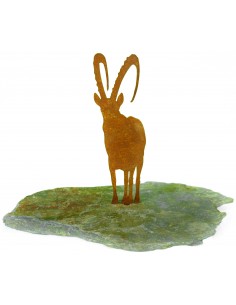 Alpensteinbock aus Metall auf Stein - Set klein - Steinbock-Figur zum Stecken aus Edelrost auf Stein, Steinwild, Wild-Deko