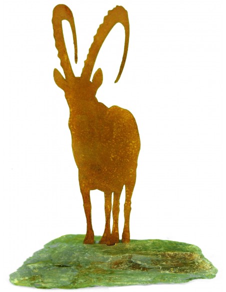 Alpensteinbock aus Metall auf Stein - Set gross - Steinbock-Figur zum Stecken aus Edelrost auf Stein, Steinwild, Wild-Deko