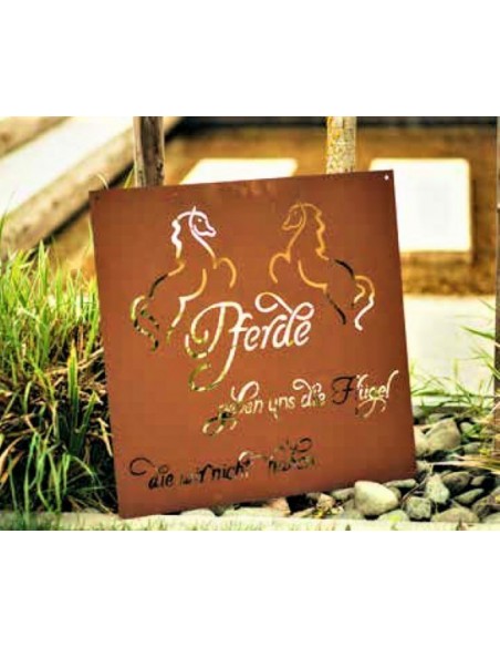 Schild aus Rost-Metall "Pferde verleihen Flügel", Gedichttafel aus Edelrost - Stimmungsbild