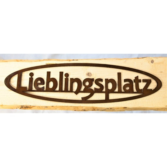 Edelrost Schriftzug "Lieblingsplatz" auf Holzbrett - Wandbild zum Anschrauben, Wanddeko, Rost-Deko, Wohndeko rostig