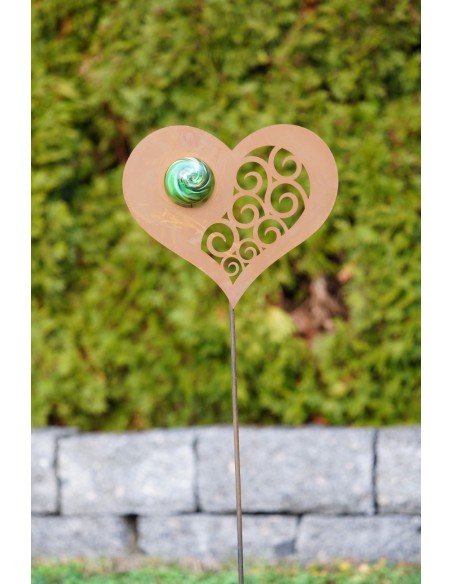 Gartenstecker Herz-Kugel aus Edelrost auf Stab