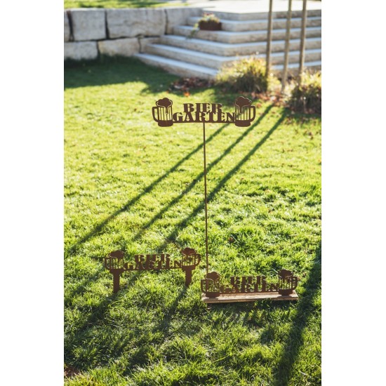 Biergarten Schild aus Holz und Metall mit Altholz Ständer 50cm breit