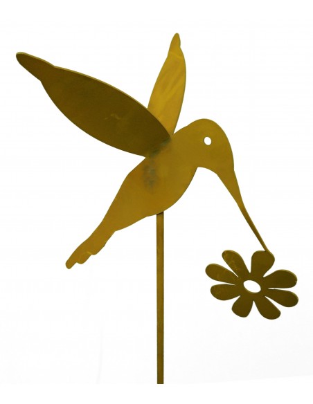 Gartenstecker Kolibri mit Rüssel an Blume - Gartendeko aus Metall rostig