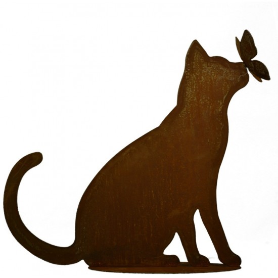 neugirige Deko Katze mit Schmetterling auf der Nase 