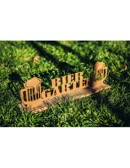 Biergarten Schild aus Holz und Metall mit Altholz Ständer 50cm breit