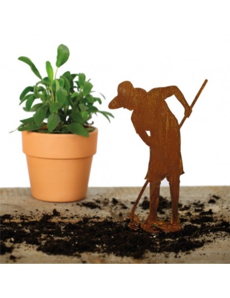 Deko Gärtnerin "Flora" mit Rechen Höhe 30 cm auf Platte - Figuren für den Garten