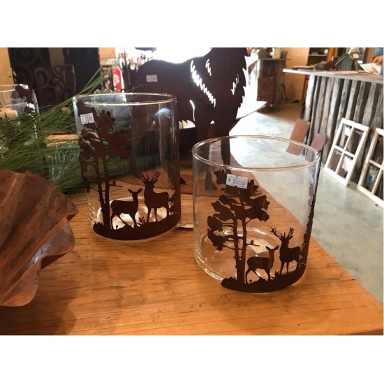 Windlicht Wald und Tiere aus Metall mit Glas , Windlicht aus Edelrost Wildlandschaft Tischdeko Gartendeko Innendeko 