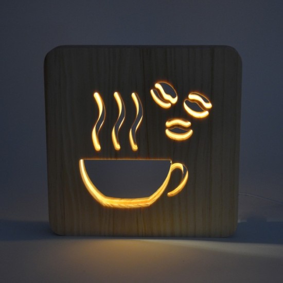 Holzlampe mit Motiv "Kaffee" LED Wohnzimmerdeko LED Tischlampen Kinderzimmerdeko