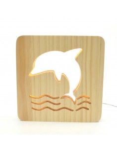 Holzlampe mit Motiv "Delfin" - Deko für das Kinderzimmer, Wohnzimmerdeko, LED Tischlampe, LED Nachtischlampe