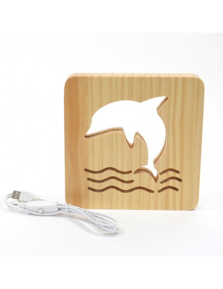 Holzlampe mit Motiv "Delfin" - Deko für das Kinderzimmer, Wohnzimmerdeko, LED Tischlampe, LED Nachtischlampe