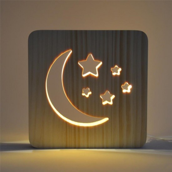 Holzlampe mit Motiv "Mond und Sterne" - LED Tischlampen Fensterbankdeko Kinderzimmerdeko Holzdeko 
