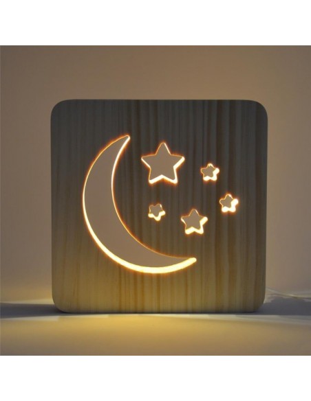 Holzlampe mit Motiv "Mond und Sterne" - LED Tischlampen Fensterbankdeko Kinderzimmerdeko Holzdeko 