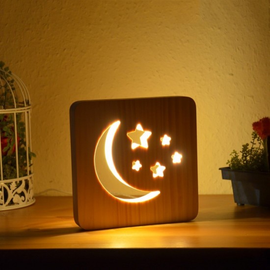 Holzlampe mit Motiv "Mond und Sterne" - LED Tischlampen Fensterbankdeko Kinderzimmerdeko Holzdeko 