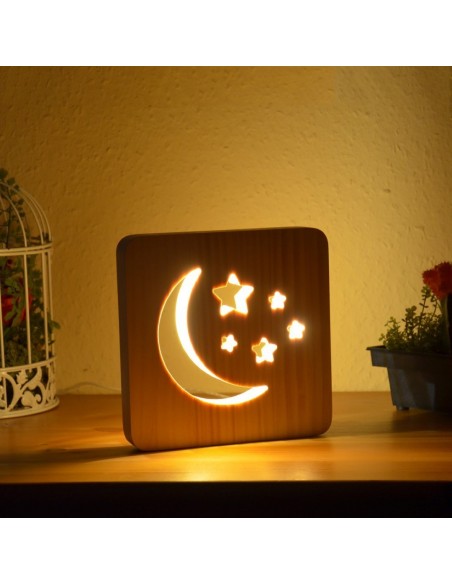 Holzlampe mit Motiv "Mond und Sterne" - LED Tischlampen Fensterbankdeko Kinderzimmerdeko Holzdeko 