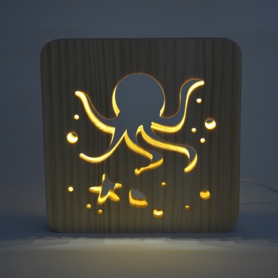 Holzlampe mit Motiv "Octopus" - LED Nachttischlampe maritime Deko Kinderzimmerdeko LED Nachttischlampe