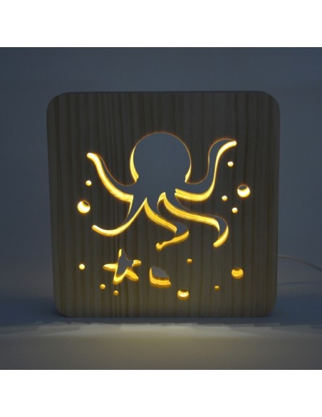 Holzlampe mit Motiv "Octopus" - LED Nachttischlampe maritime Deko Kinderzimmerdeko LED Nachttischlampe