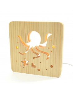 Holzlampe mit Motiv "Octopus" - LED Nachttischlampe maritime Deko Kinderzimmerdeko LED Nachttischlampe