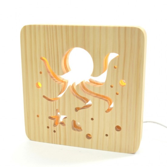 Holzlampe mit Motiv "Octopus" - LED Nachttischlampe maritime Deko Kinderzimmerdeko LED Nachttischlampe