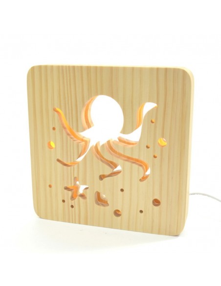 Holzlampe mit Motiv "Octopus" - LED Nachttischlampe maritime Deko Kinderzimmerdeko LED Nachttischlampe