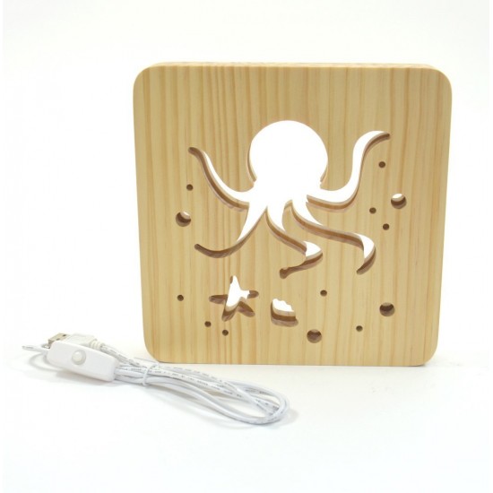 Holzlampe mit Motiv "Octopus" - LED Nachttischlampe maritime Deko Kinderzimmerdeko LED Nachttischlampe