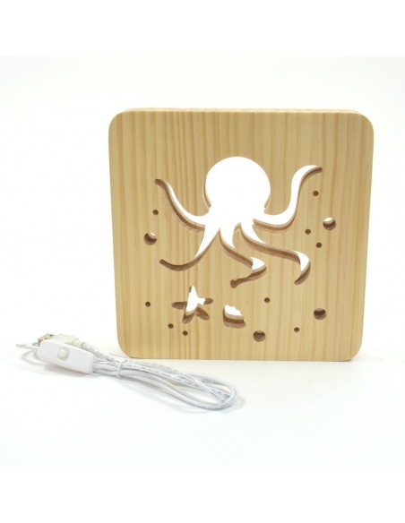 Holzlampe mit Motiv "Octopus" - LED Nachttischlampe maritime Deko Kinderzimmerdeko LED Nachttischlampe