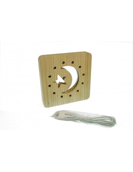 Holzlampe "Mond mit Kreisen" LED Tischlampen, Kinderzimmerlampe, Nachtischlampe, Wohndeko, Holzdeko, Licht fürs Kinderzimmer 	