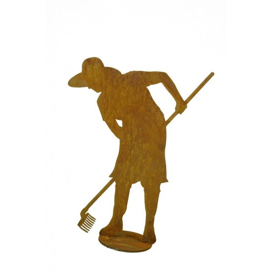 Deko Gärtnerin "Flora" mit Rechen auf Platte - Figuren für den Garten, Gartenfiguren, Damenfigur, Metalldeko, Gartendeko