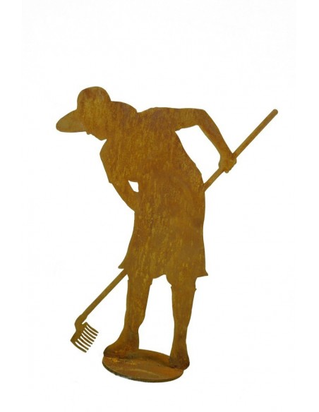 Deko Gärtnerin "Flora" mit Rechen auf Platte - Figuren für den Garten, Gartenfiguren, Damenfigur, Metalldeko, Gartendeko