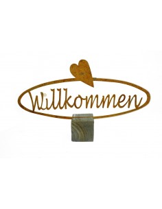 Schriftzug Willkommen auf Holzklotz, Rostartikel, Deko aus Metall, Rostdeko, Tischdeko